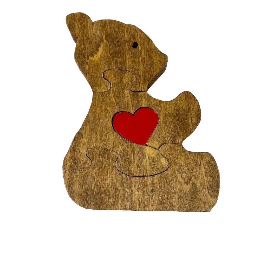 VTG Handmade Stained Wooden Bear Jigsaw Puzzle Figurine Retro Decor 7" x 5.25"